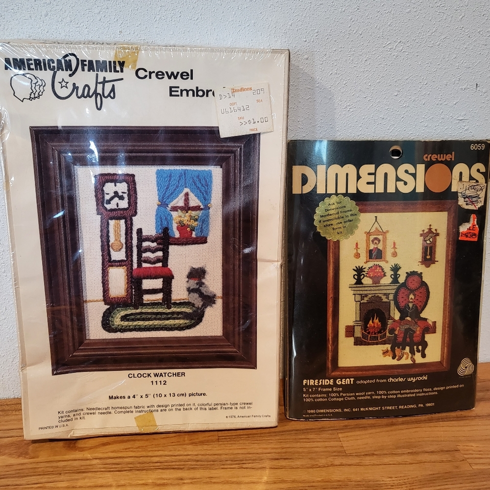 ×2 Mini Crewel Kit Clock Watcher Fireside Gent Dimensions Embroidery Cat Vintage